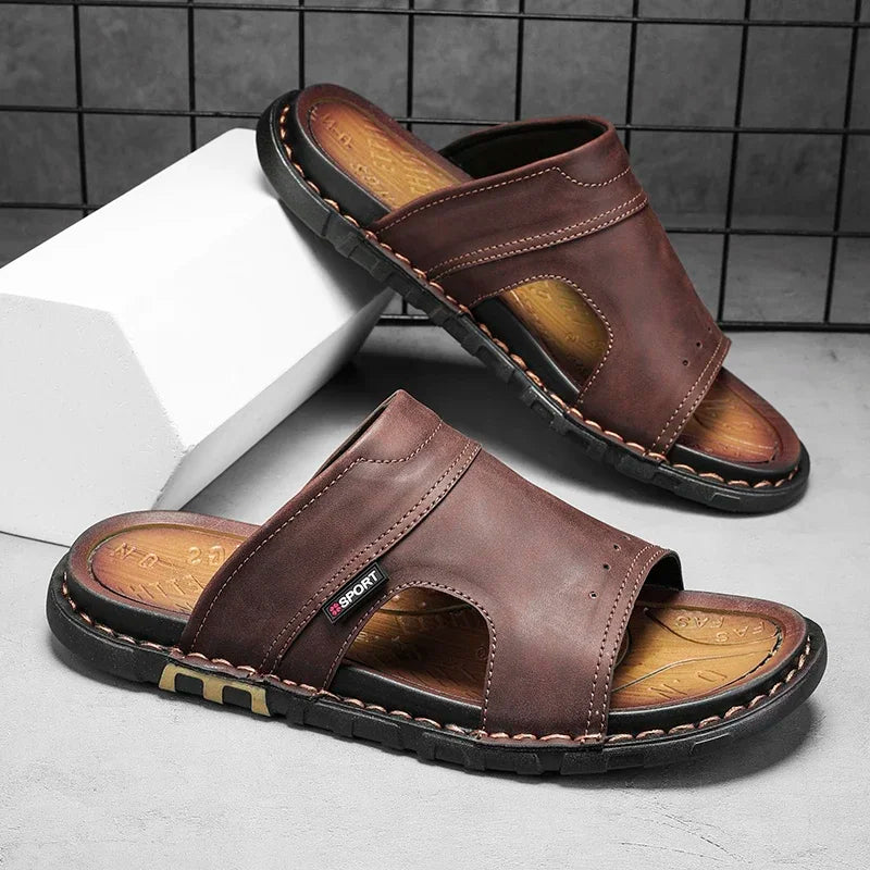 Antoine | Brown Leather Slide Sandals