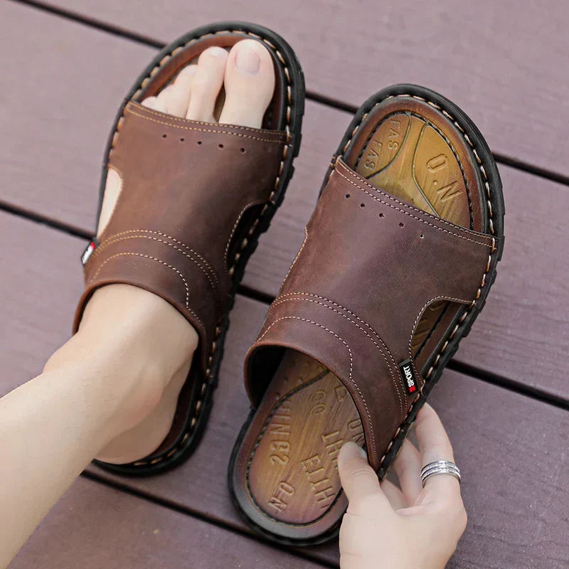 Antoine | Brown Leather Slide Sandals
