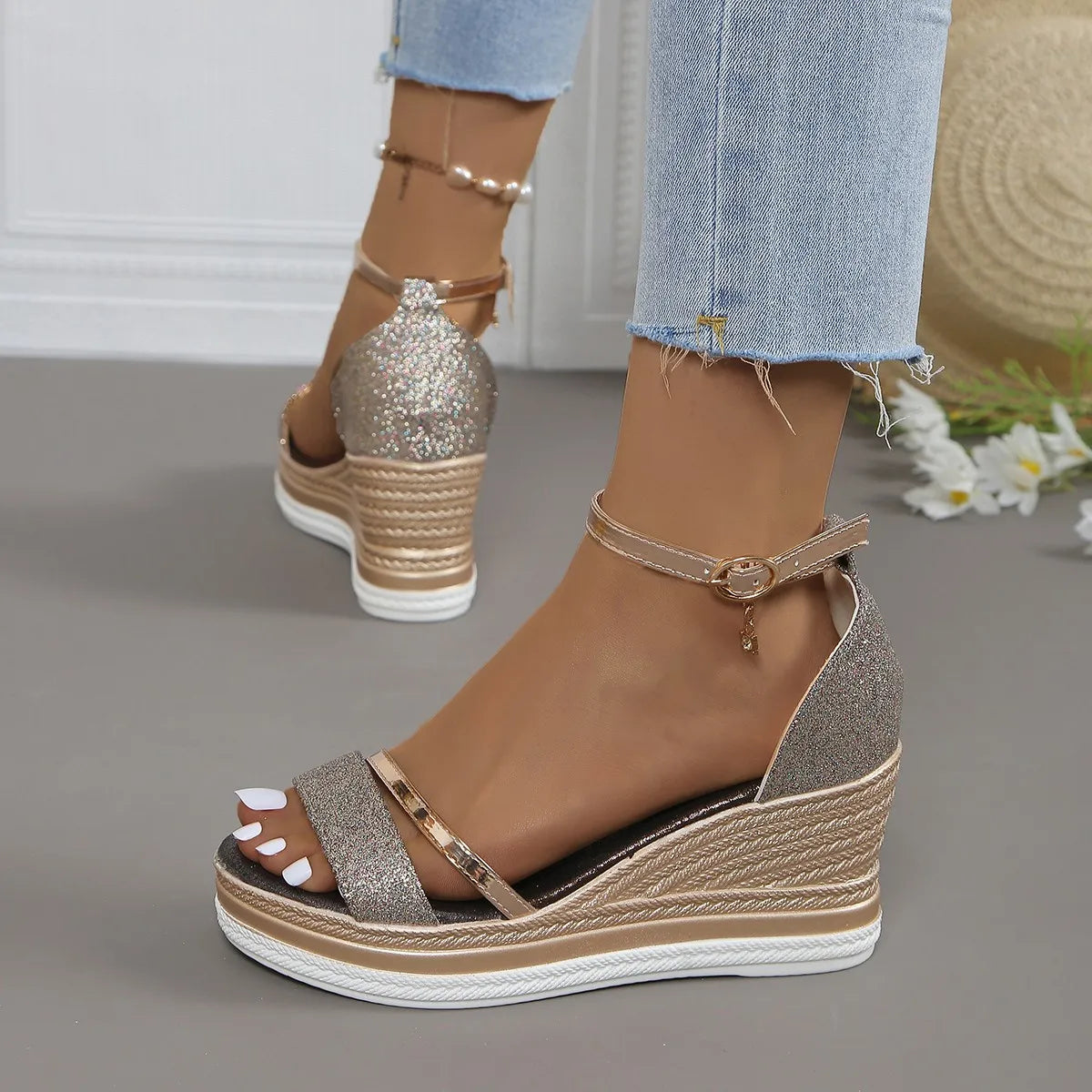 Naomi | Womens Platform Wedge Strap Sandals with Glitter