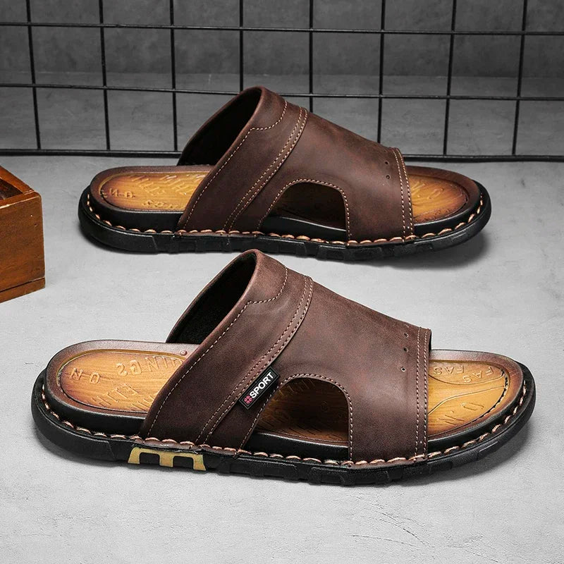 Antoine | Brown Leather Slide Sandals