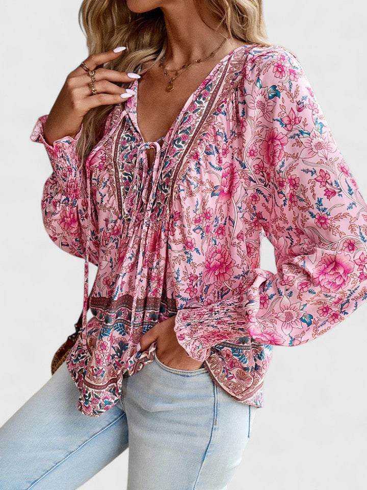 Ava | Pink Floral Long Sleeve Peasant Top Summer Blouse