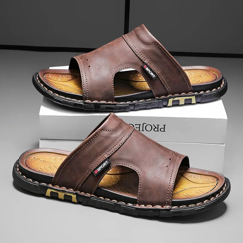 Antoine | Brown Leather Slide Sandals
