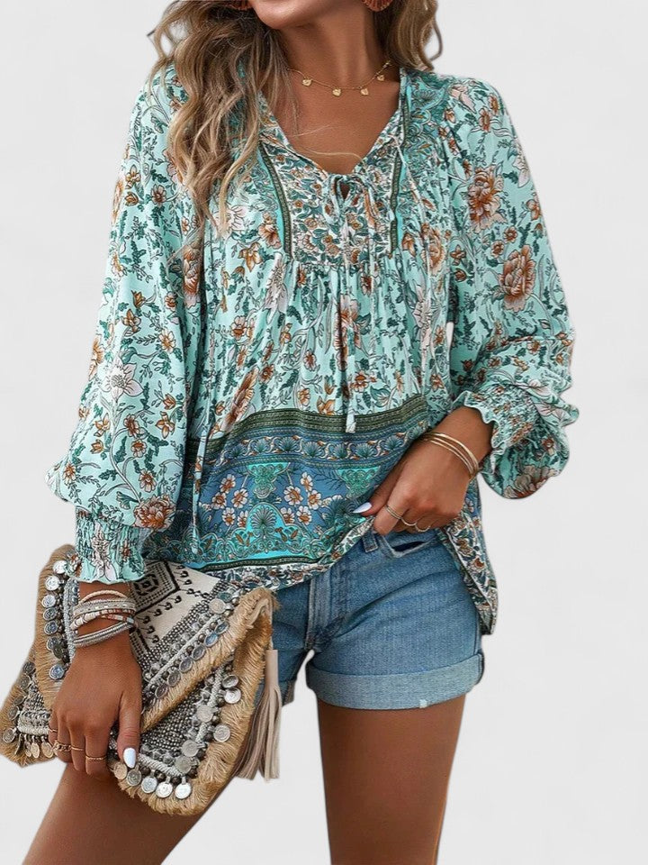 Ava | Pink Floral Long Sleeve Peasant Top Summer Blouse