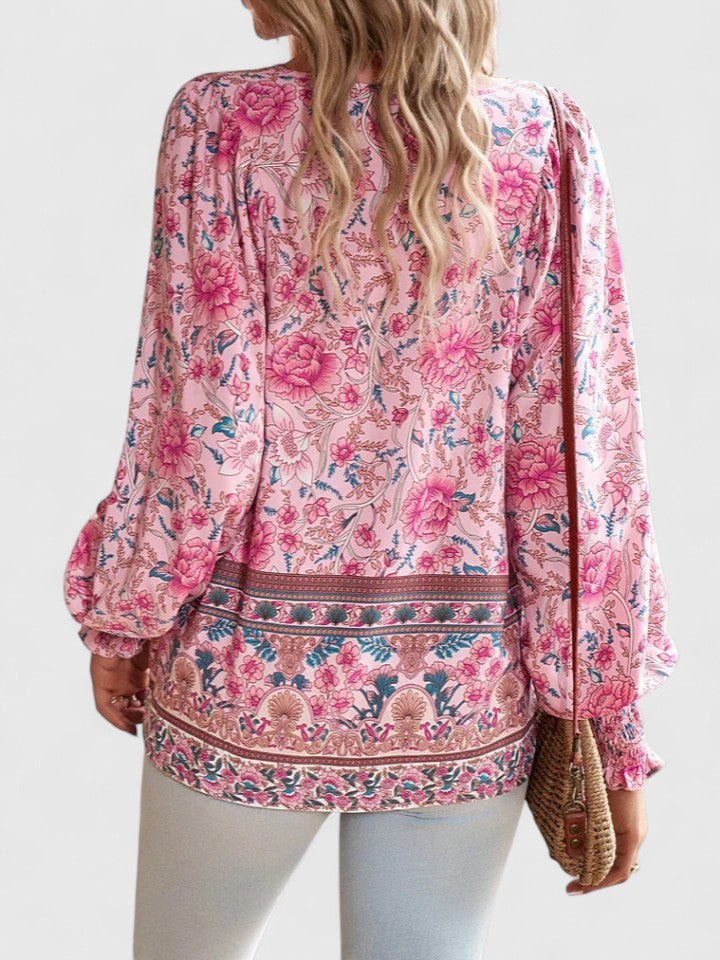 Ava | Pink Floral Long Sleeve Peasant Top Summer Blouse