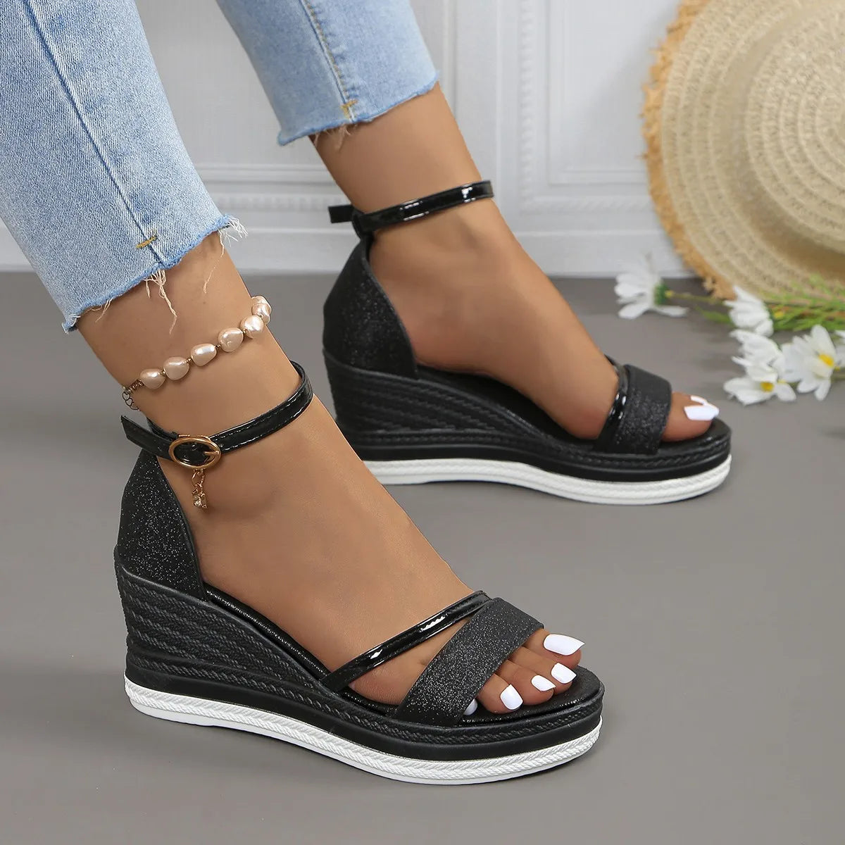 Naomi | Womens Platform Wedge Strap Sandals with Glitter