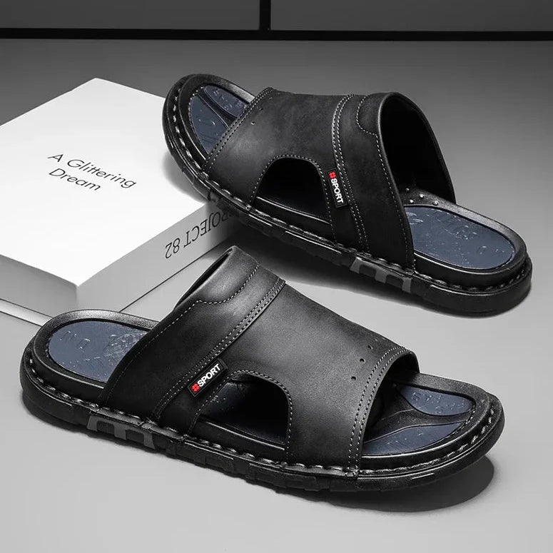 Antoine | Brown Leather Slide Sandals
