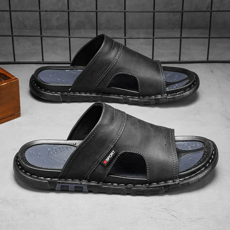 Antoine | Brown Leather Slide Sandals