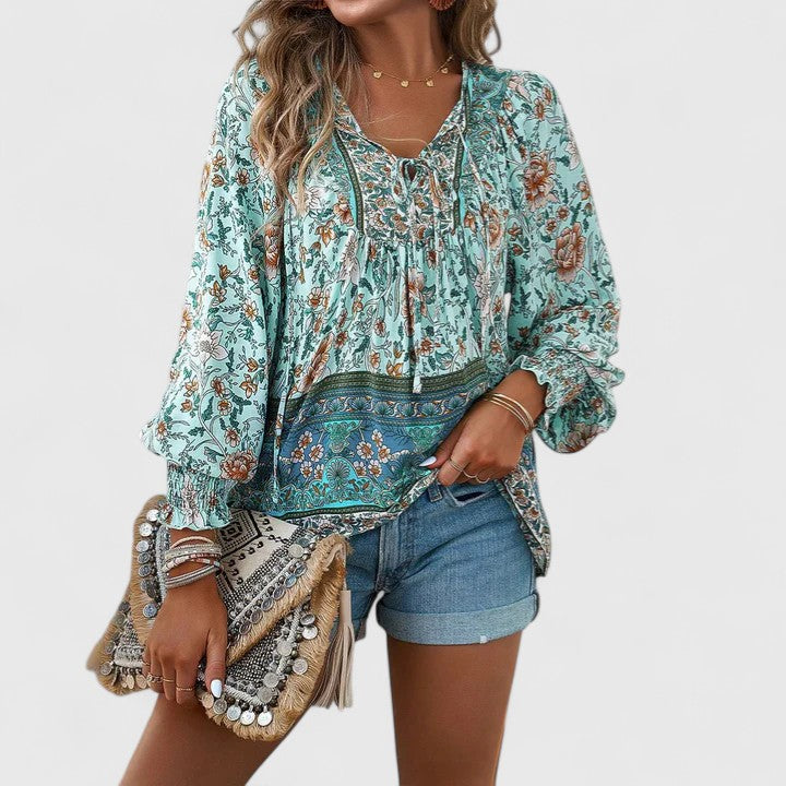 Ava | Pink Floral Long Sleeve Peasant Top Summer Blouse
