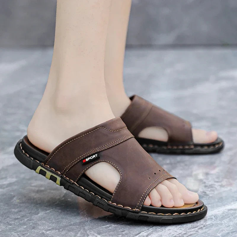 Antoine | Brown Leather Slide Sandals