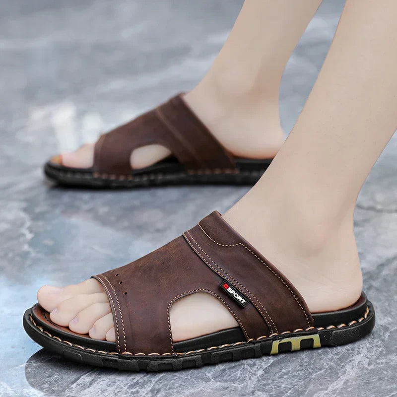 Antoine | Brown Leather Slide Sandals