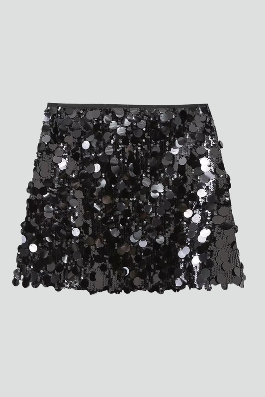 Janine | Shiny Black Silver Fitted Sequin Mini Skirt with Sparkle