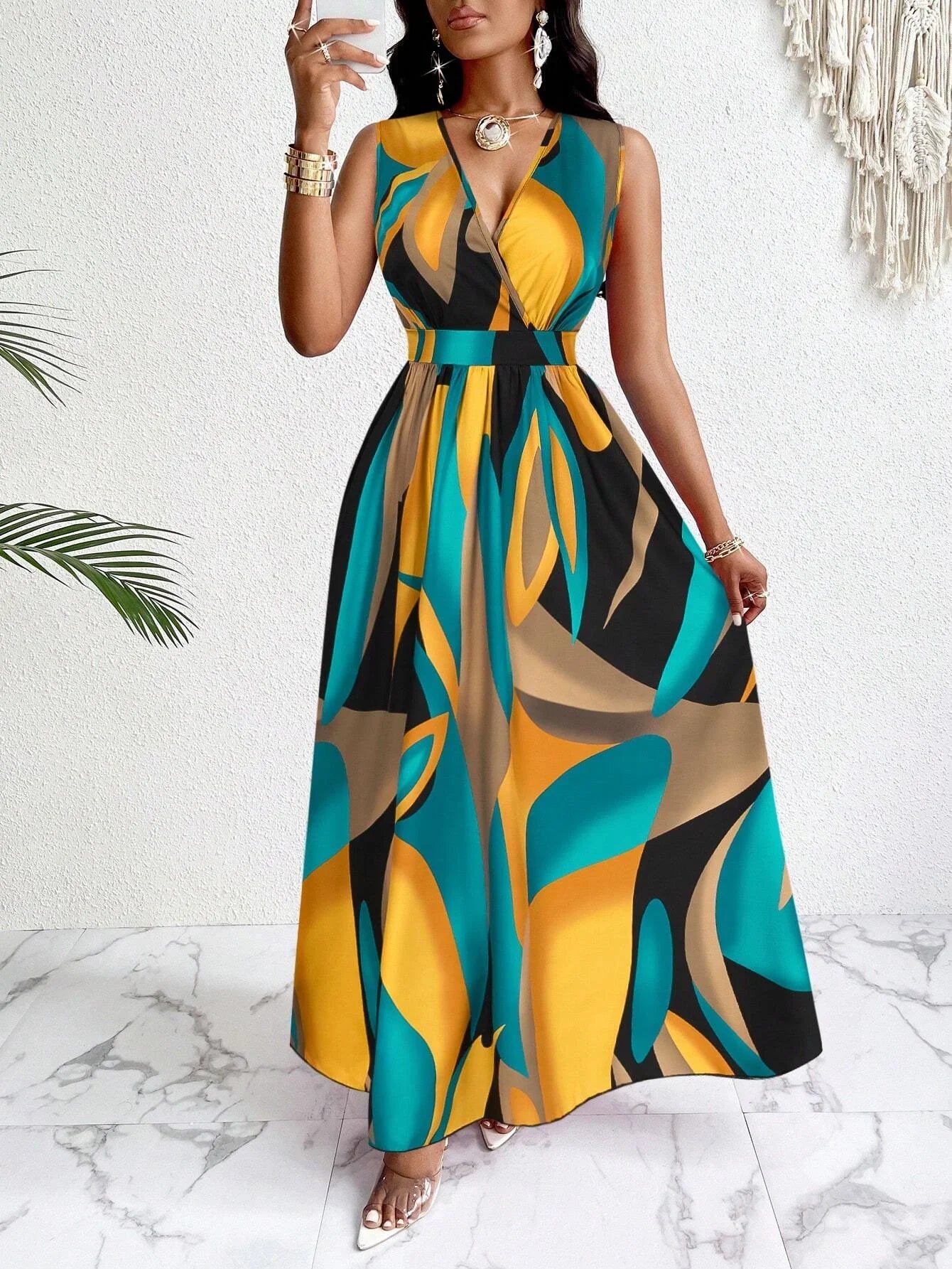 Melanie | Women's Yellow Blue V-Neck Sleeveless Abstract Print Maxi Dress