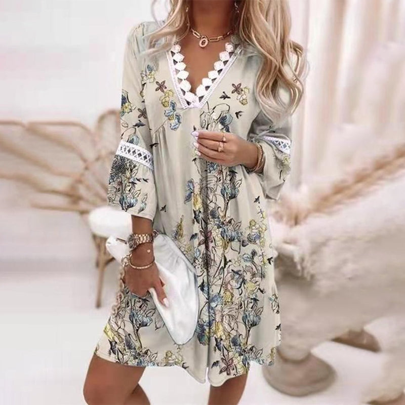 Yvonne | Boho Floral Patterned V Neck Mini Dress