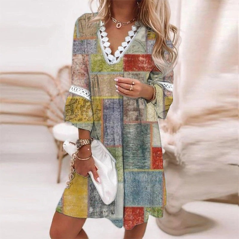Yvonne | Boho Floral Patterned V Neck Mini Dress