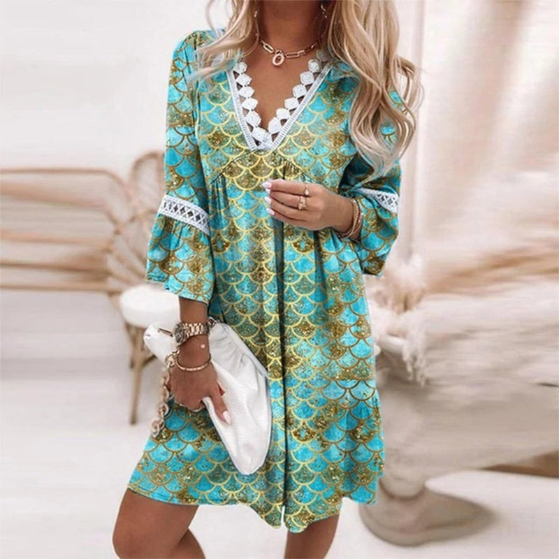 Yvonne | Boho Floral Patterned V Neck Mini Dress
