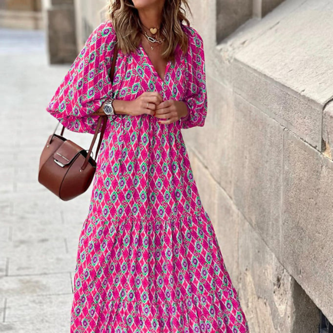 Lynne | Women's Puff Sleeve V-Neck Boho Printed Maxi Dress
