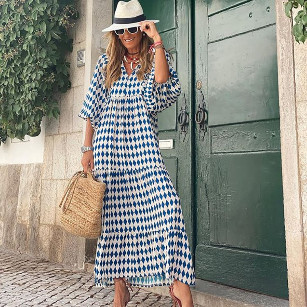 Lynne | Women's Puff Sleeve V-Neck Boho Printed Maxi Dress