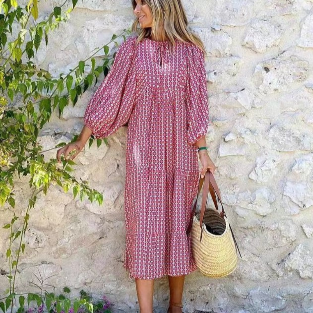 Lynne | Women's Puff Sleeve V-Neck Boho Printed Maxi Dress