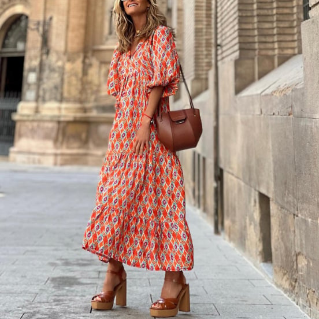 Lynne | Women's Puff Sleeve V-Neck Boho Printed Maxi Dress
