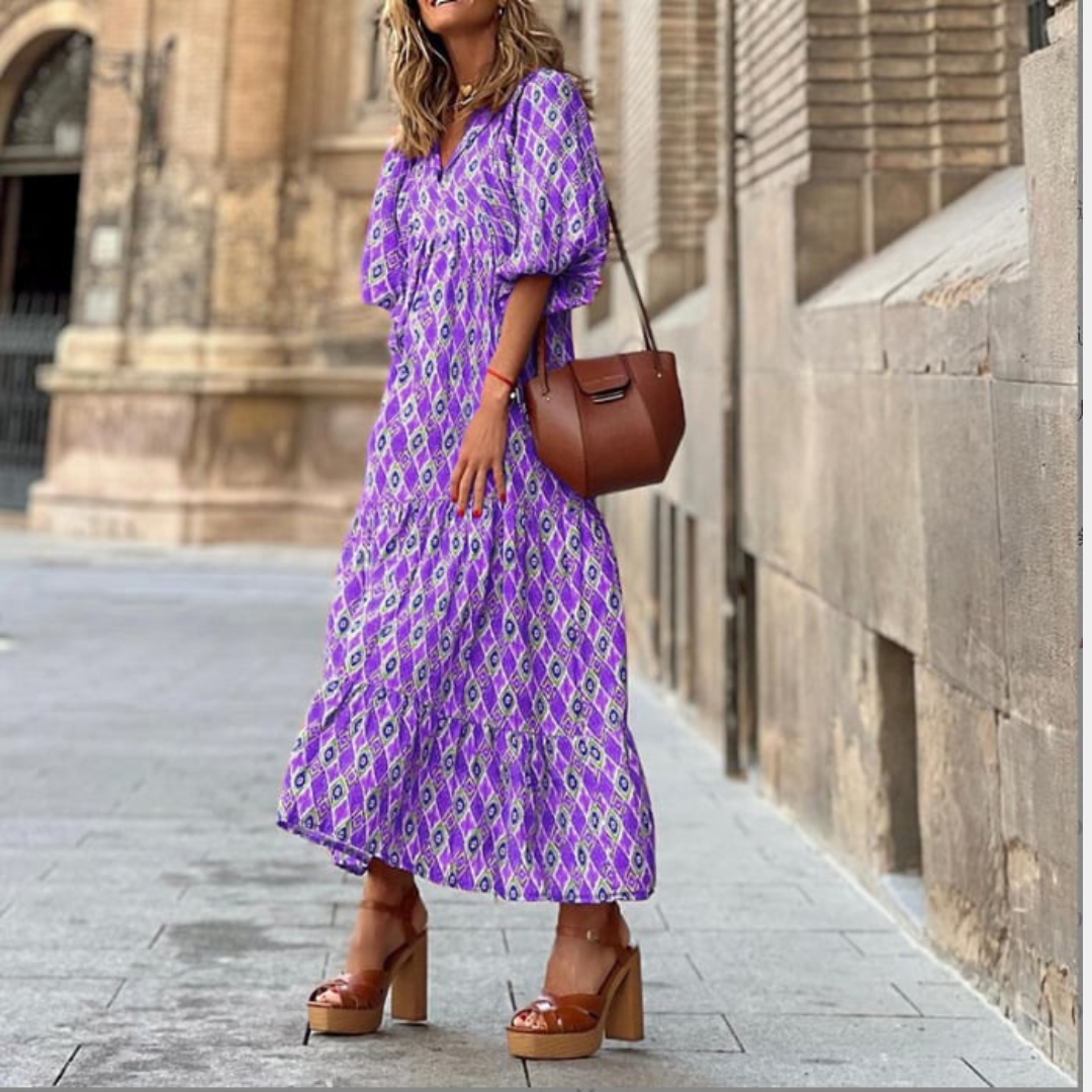 Lynne | Women's Puff Sleeve V-Neck Boho Printed Maxi Dress