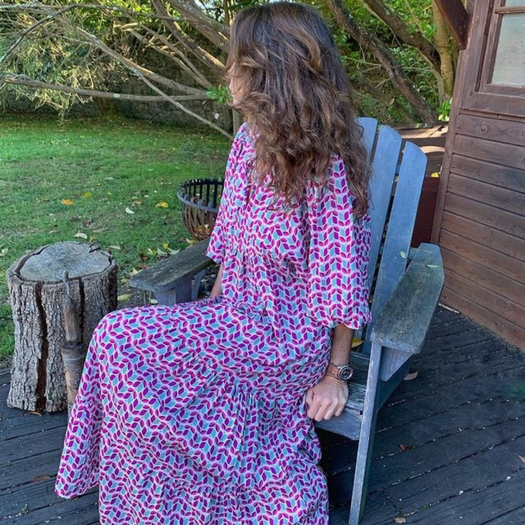 Lynne | Women's Puff Sleeve V-Neck Boho Printed Maxi Dress