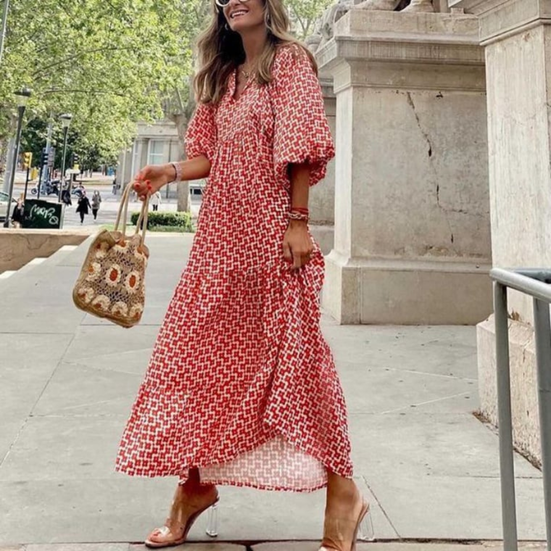 Lynne | Women's Puff Sleeve V-Neck Boho Printed Maxi Dress