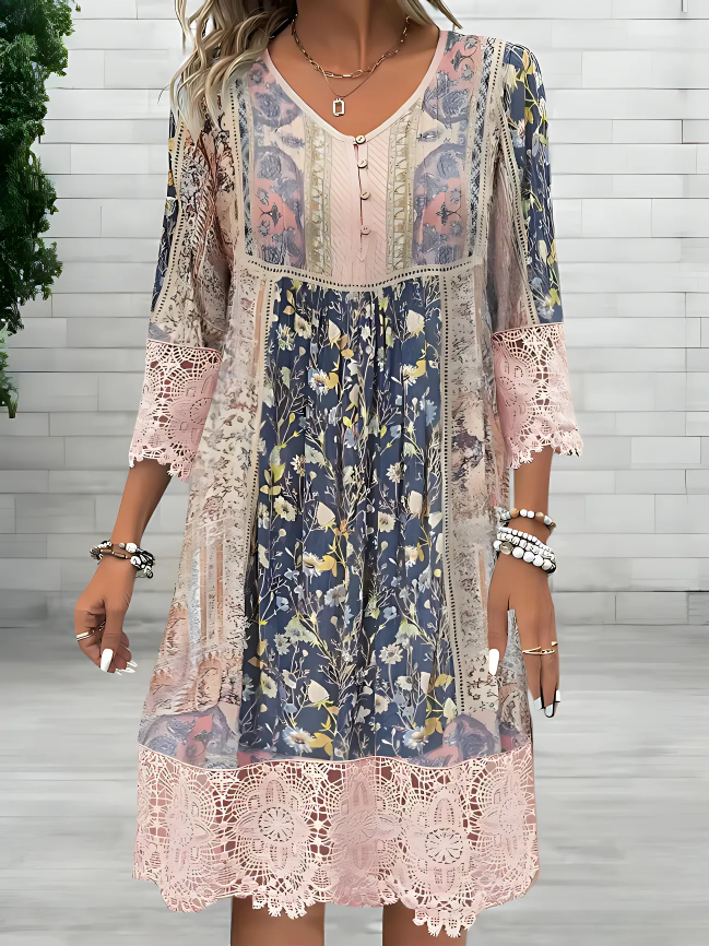 Leah | Blue Pink Boho Printed V Neck Midi Dress