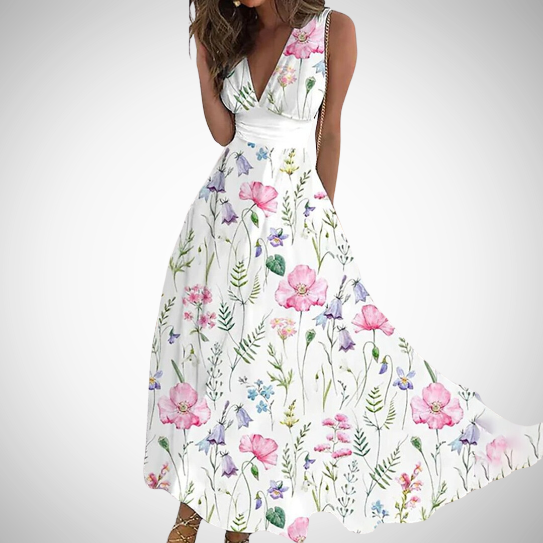 Lauren | Women's Floral Maxi Dress Sleeveless V-Neck Wrap Waist