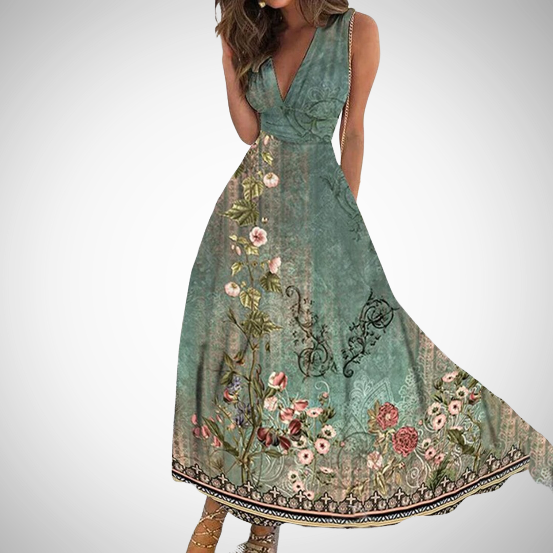 Lauren | Women's Floral Maxi Dress Sleeveless V-Neck Wrap Waist