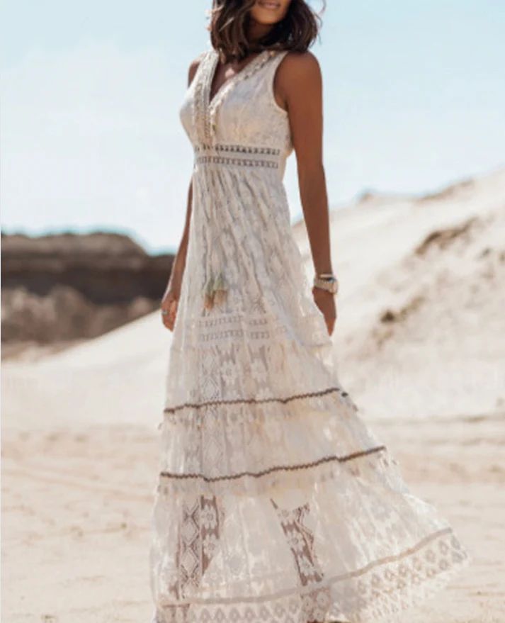 Cecelia | Floral White Sleeveless V Neck Split Maxi Dress