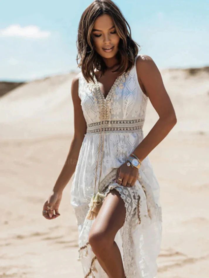 Cecelia | Floral White Sleeveless V Neck Split Maxi Dress