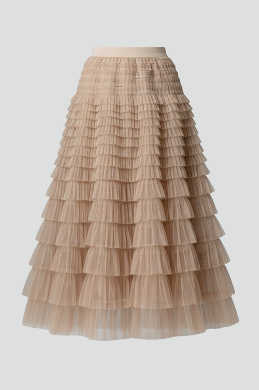 Ruby | Beige Black Layered Tulle Midi Skirt with Elastic Waist