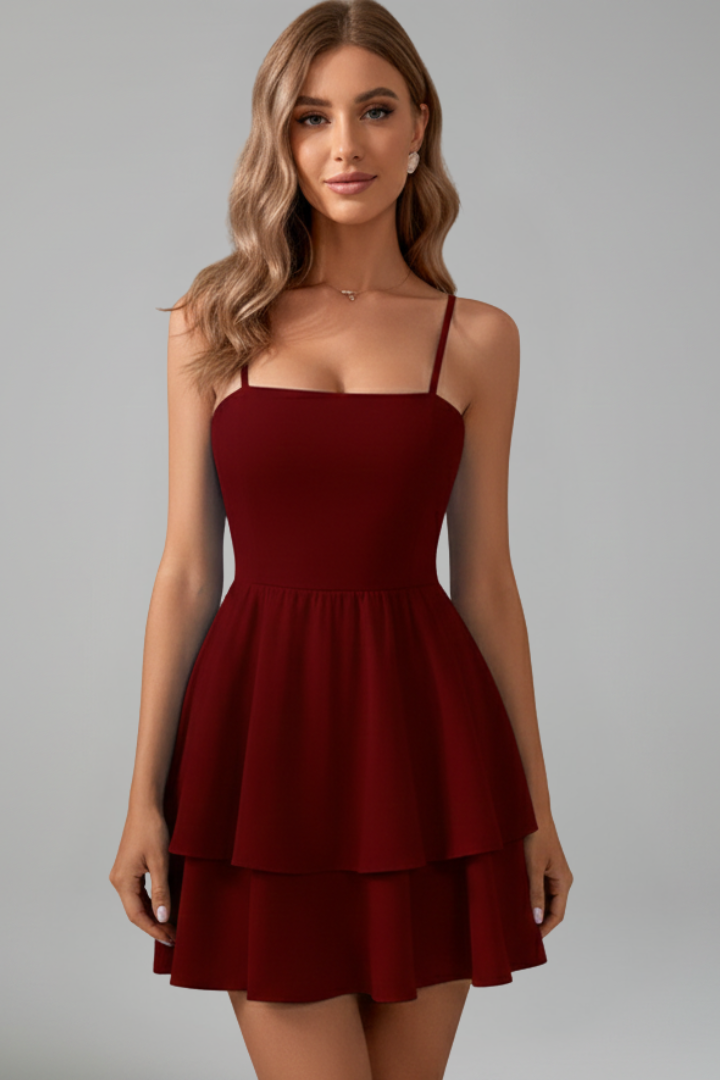 Simone | Spaghetti Strap Flared Skirt Mini Dress