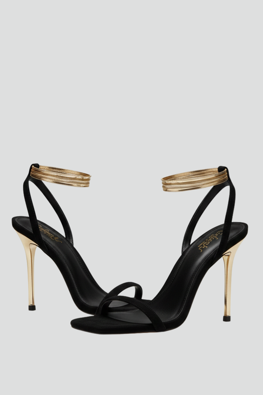 Seren | Thin Strap Black and Gold High Heel Ankle Sandals