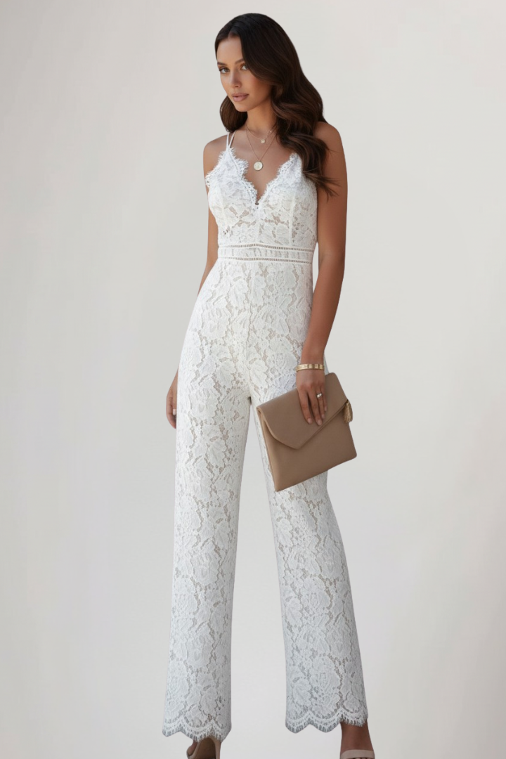 Natasha | Women’s Sleeveless Lace V-Neck Wide-Leg Floral Jumpsuit