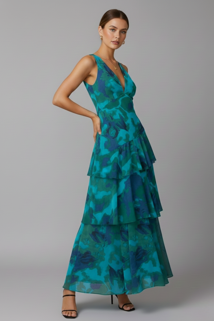 Yasmin | Women’s V-Neck Tiered Artistic Skirt Maxi Dress