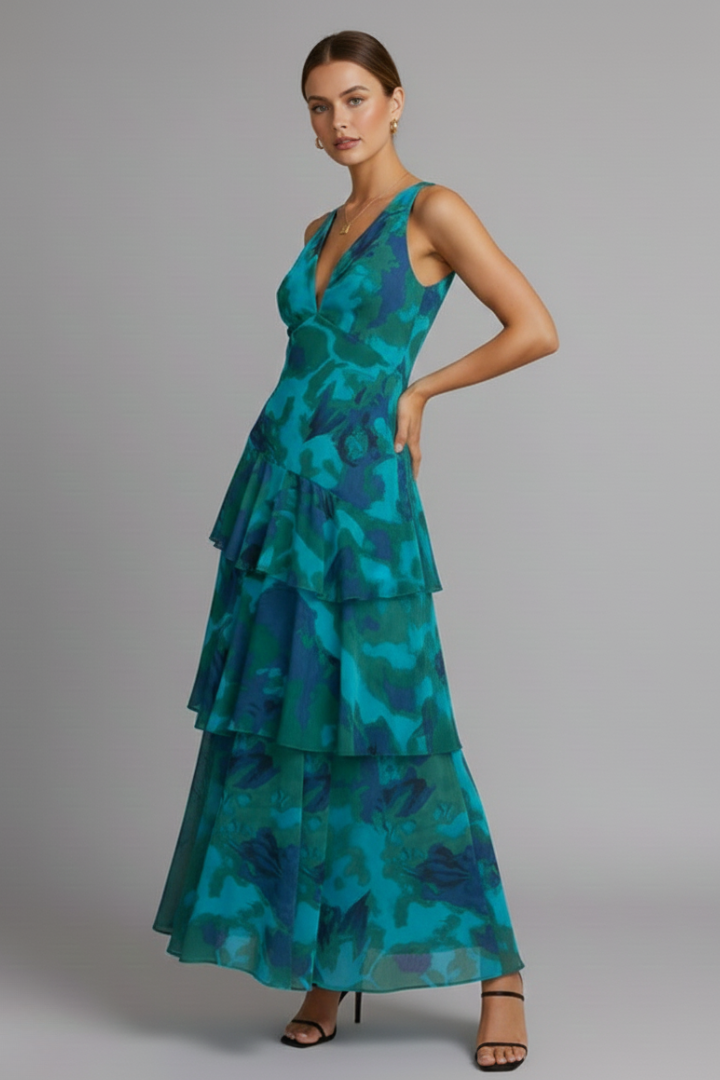 Yasmin | Women’s V-Neck Tiered Artistic Skirt Maxi Dress