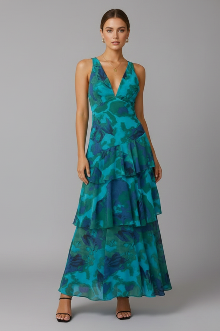 Yasmin | Women’s V-Neck Tiered Artistic Skirt Maxi Dress