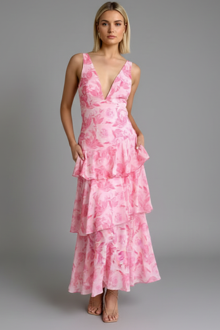 Yasmin | Women’s V-Neck Tiered Artistic Skirt Maxi Dress