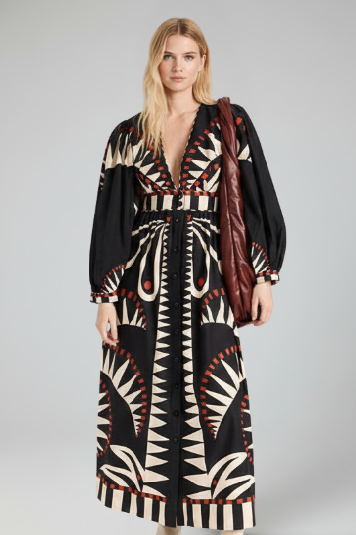 Leonie | Long Sleeve Floral Printed Maxi Dress with V-Neck