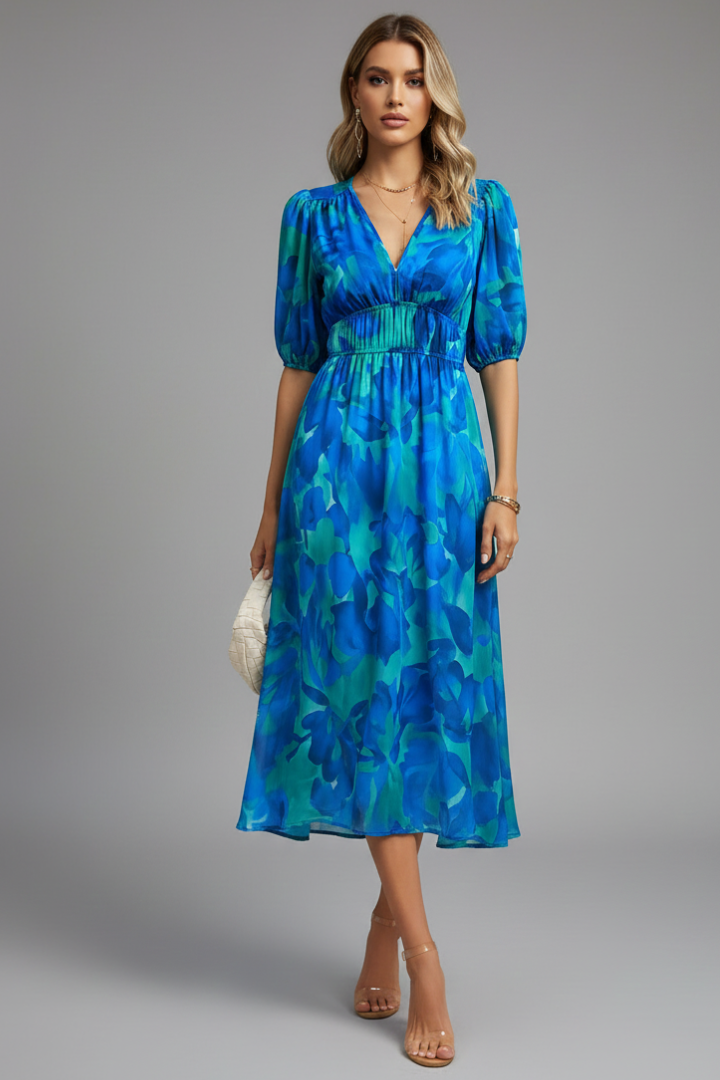 Starla | Loose Floral Puff Sleeve V-Neck Midi Dress