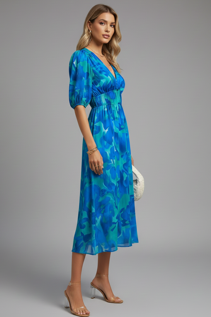 Starla | Loose Floral Puff Sleeve V-Neck Midi Dress