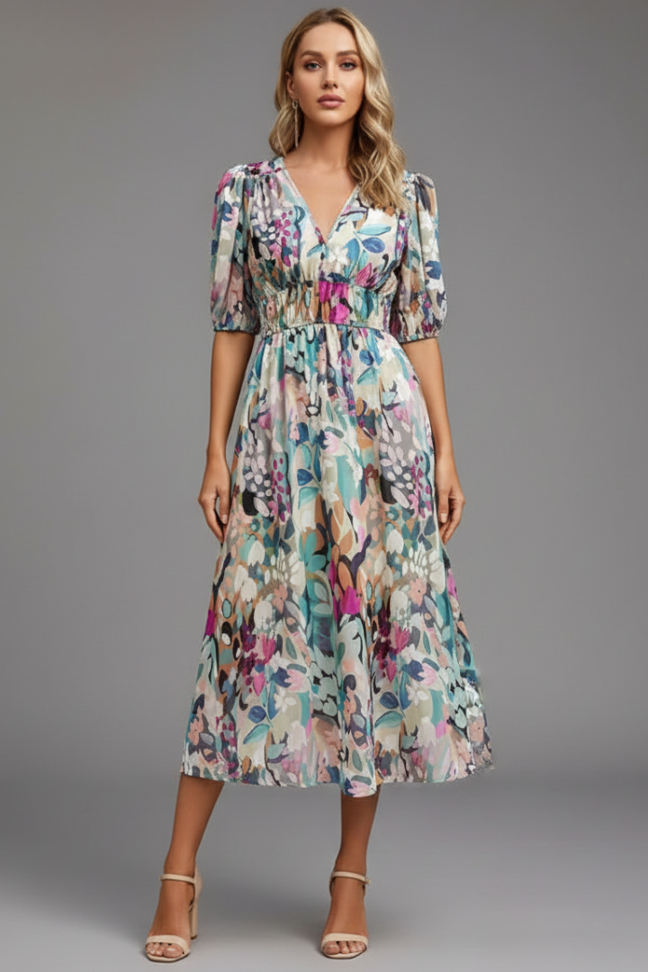 Starla | Loose Floral Puff Sleeve V-Neck Midi Dress