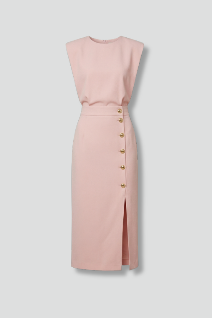 Lucie | Women’s Midi Dress with Round Neck and Button Slit