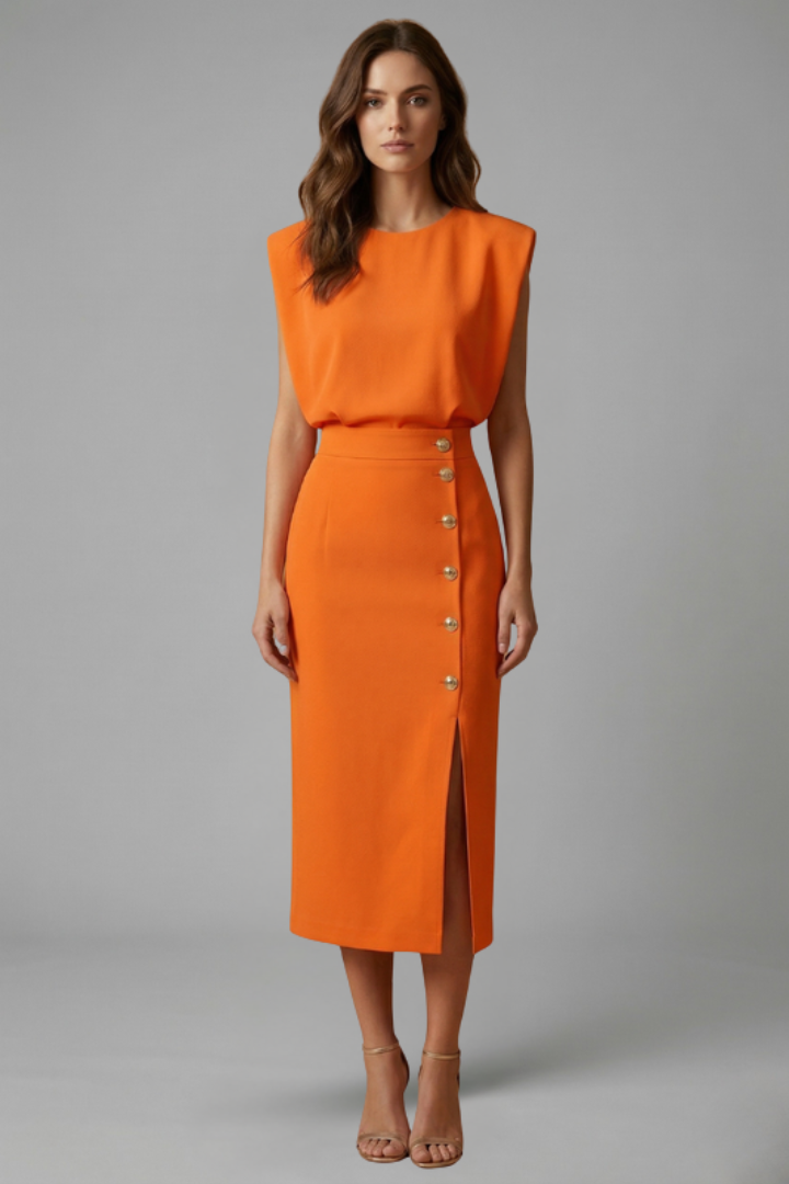 Lucie | Women’s Midi Dress with Round Neck and Button Slit