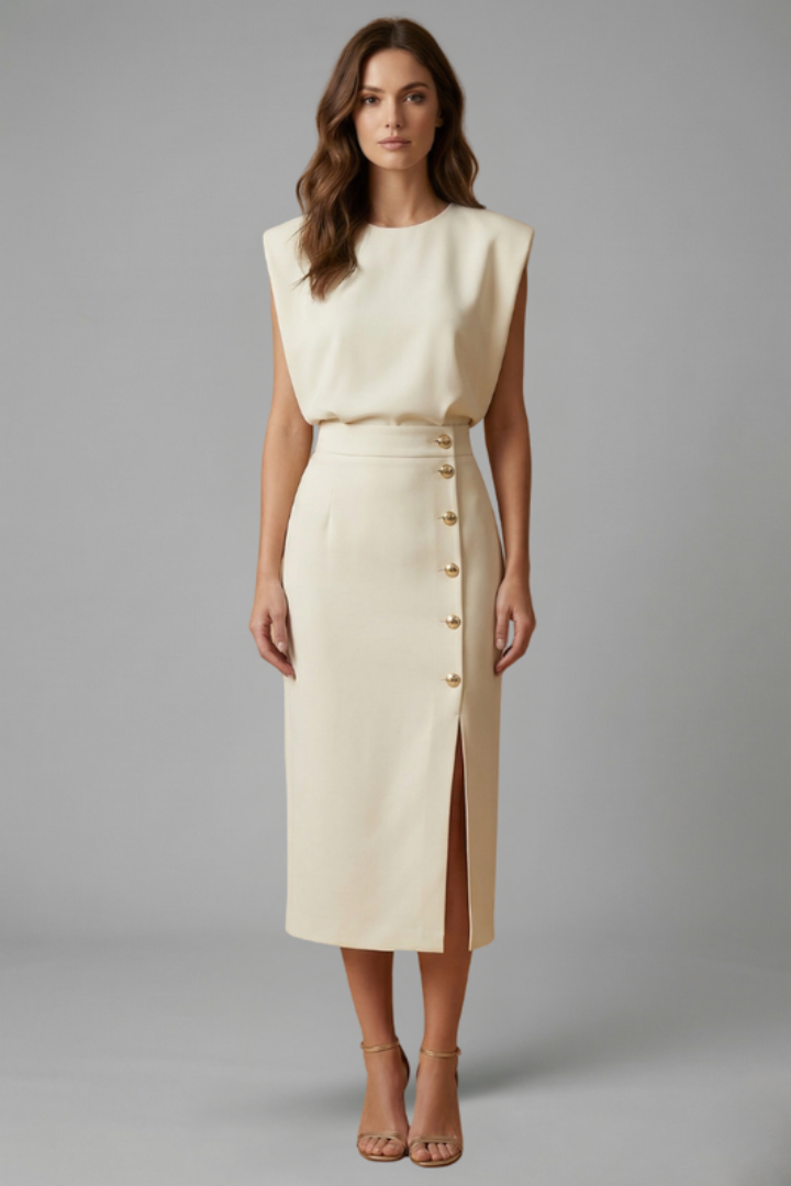 Lucie | Women’s Midi Dress with Round Neck and Button Slit