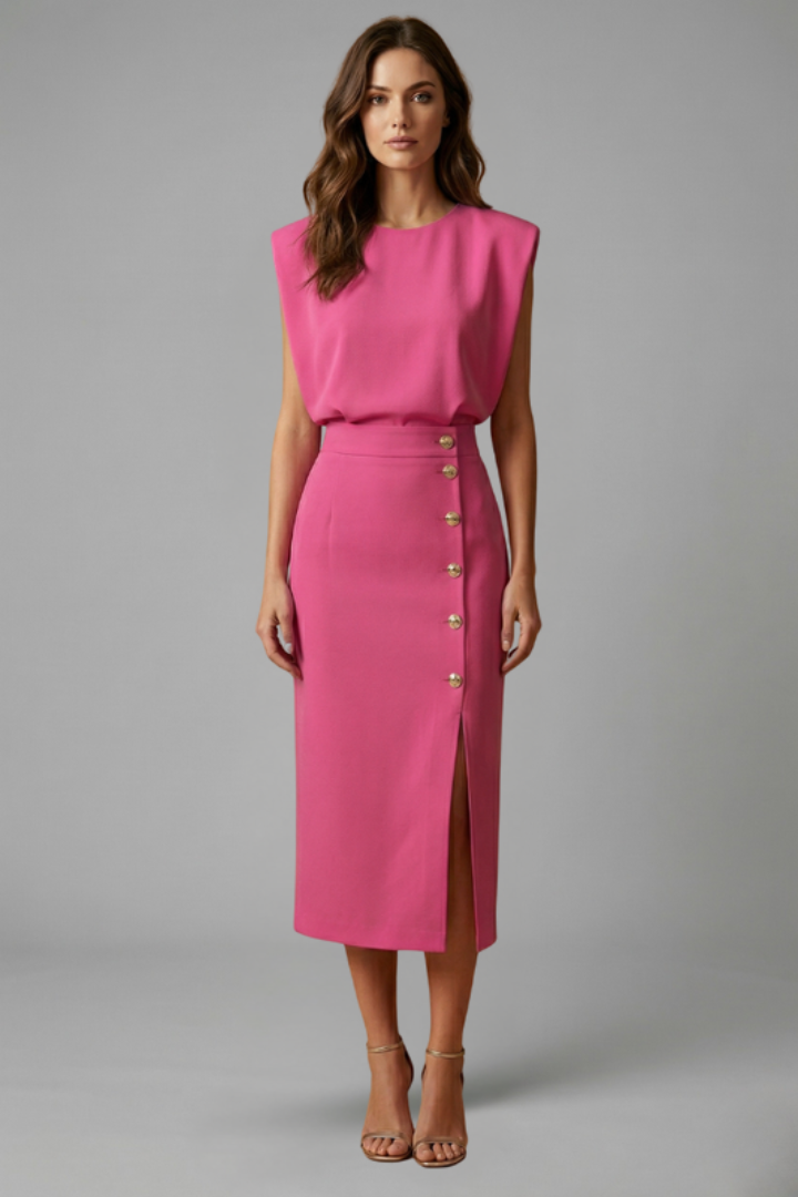 Lucie | Women’s Midi Dress with Round Neck and Button Slit
