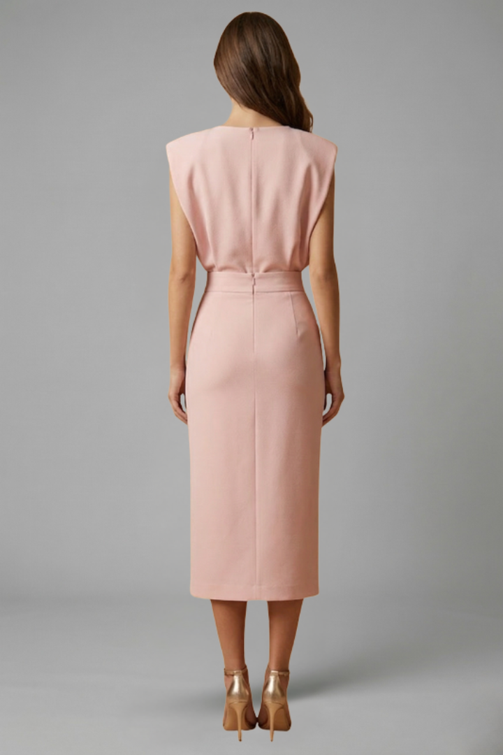 Lucie | Women’s Midi Dress with Round Neck and Button Slit