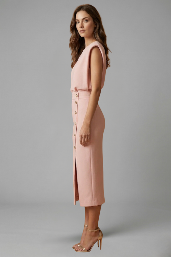 Lucie | Women’s Midi Dress with Round Neck and Button Slit