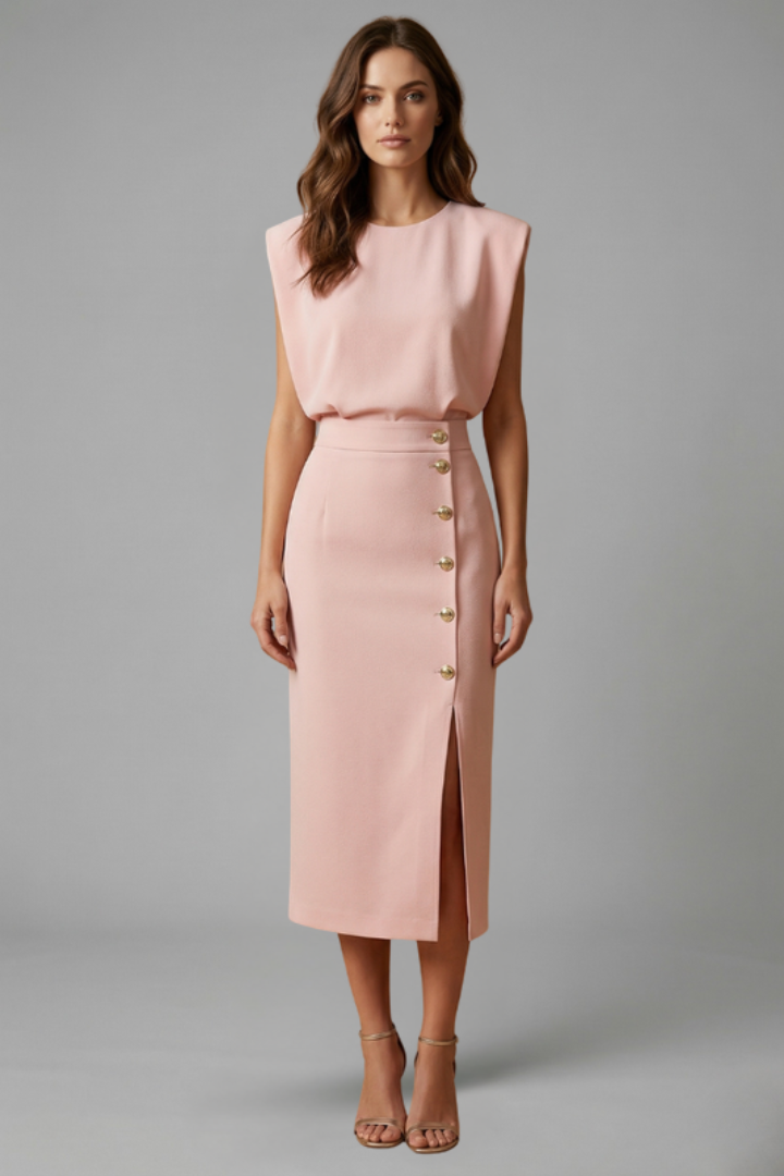 Lucie | Women’s Midi Dress with Round Neck and Button Slit